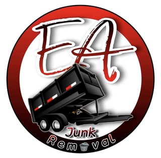 EA Junk Removal logo featuring red letters, a black dump truck, and a circular emblem with garbage icon