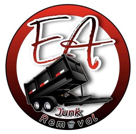 EA Junk Removal logo featuring red letters, a black dump truck, and a circular emblem with garbage icon