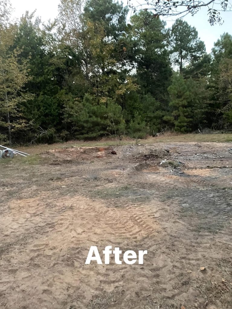 Cleared dirt area with green trees in background labeled After, showing land preparation or cleanup results