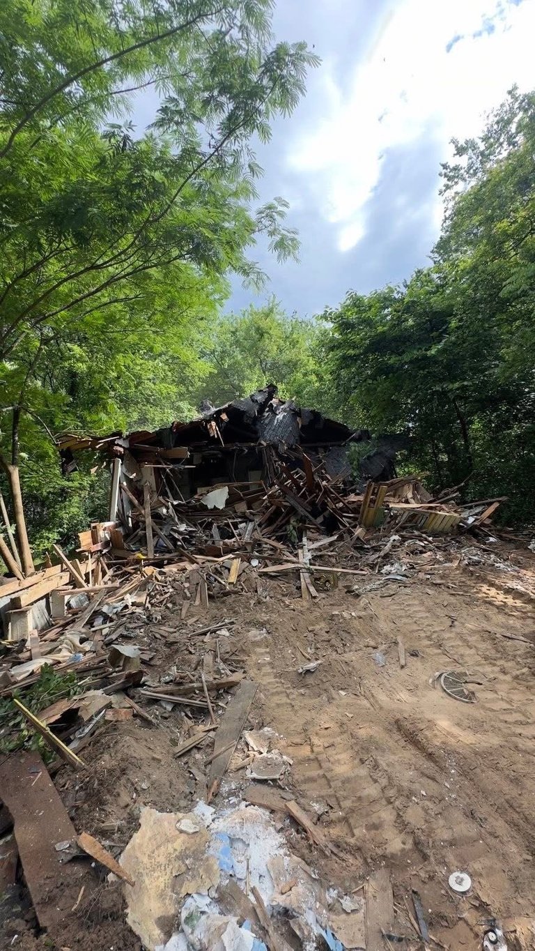 Abandoned rusted vehicle wreckage surrounded by overgrown vegetation and scattered metal debris in a wooded area